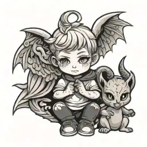 Shy Chibi Angel Boy Holding Bihind A Devil Mask And