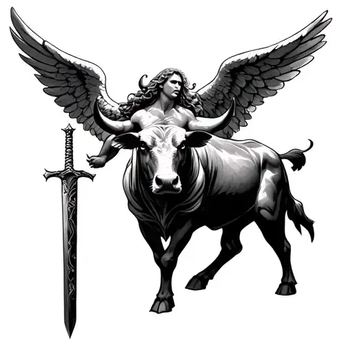 Bull With An Angel Holding A Sword
