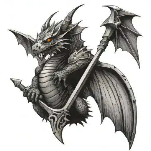A Dragon With Bat Wings Holding Halberd Vertically