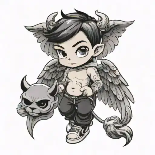 Shy Chibi Angel Boy Holding Bihind A Devil Mask And