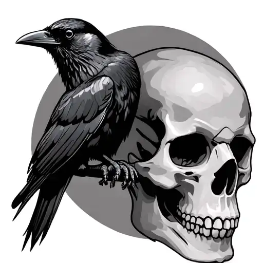 Crow Perched On Top Skull Oval Portrait Style