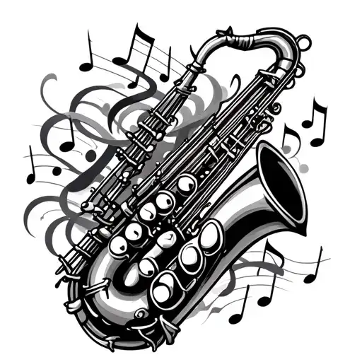 Saxophone Surrounded By Music Notes Flowing Intertwined