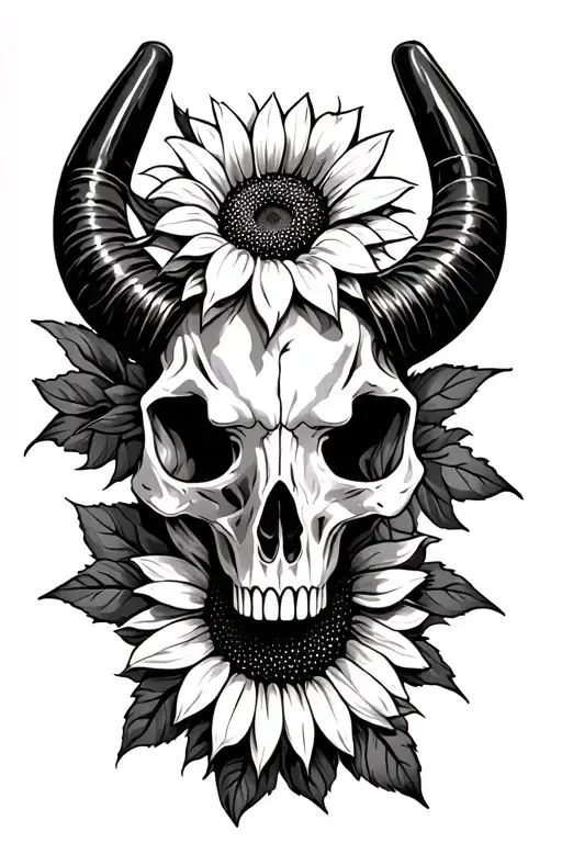 Long Horn Skull And Sunflower