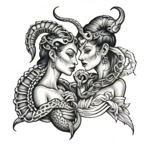 Two Scorpions Side By Side Profile Traditional Lady