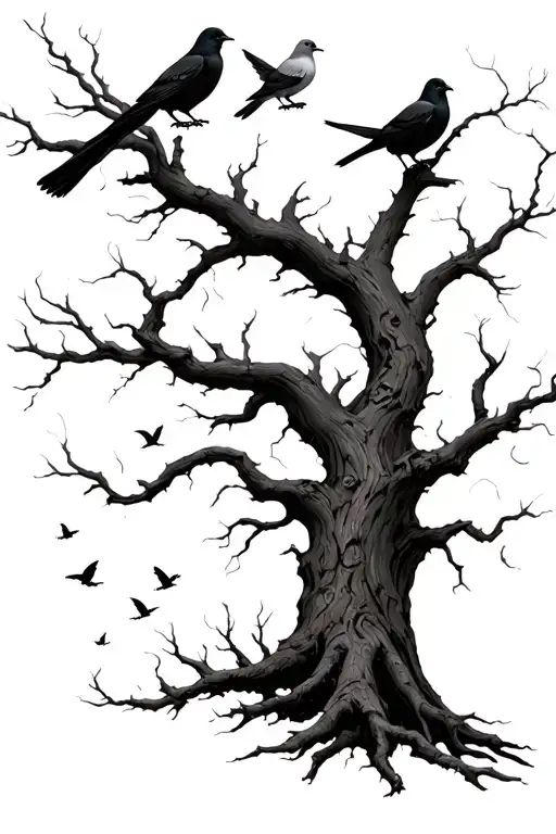 A Giant Dead Tree With Doves And Crows Perched On The Dead Branches