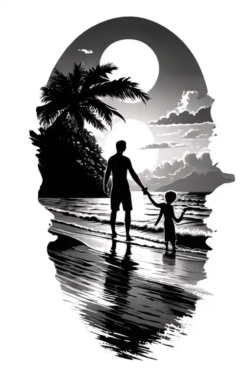 Sunset Beach Scheme Black Sillhouete Father Holding Hands With Son And Daughter