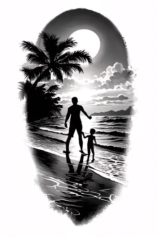 Sunset Beach Scheme Black Sillhouete Father Holding Hands With Son And Daughter