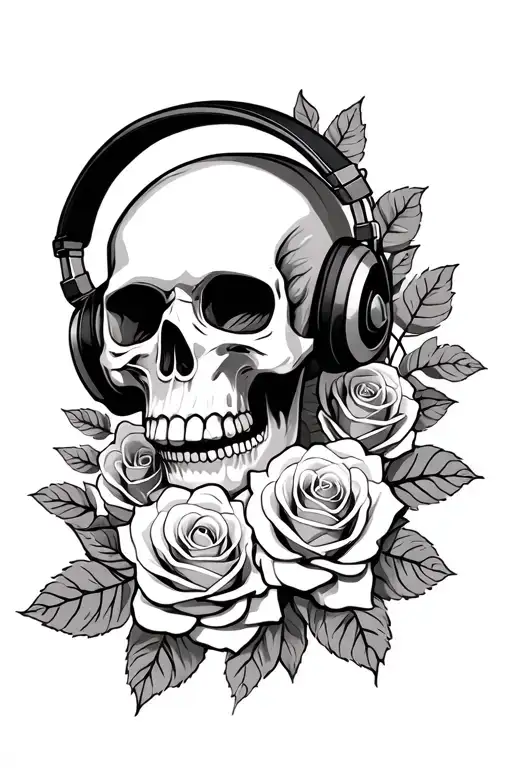 Skull Wearing Headphones And Roses Intertwined Anxiety