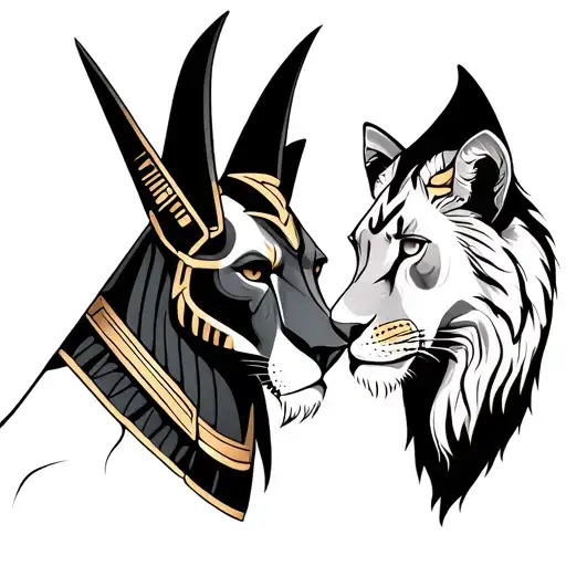 Anubis And A Lion Looking At Each Other