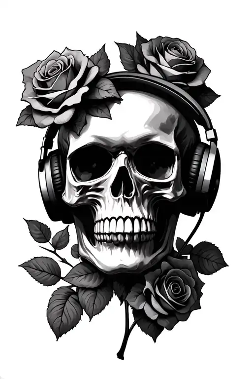 Skull Wearing Headphones And Roses Intertwined Anxiety