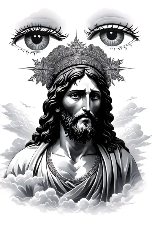 Jesus With Clouds In The Background With A Large Eye Above His Head