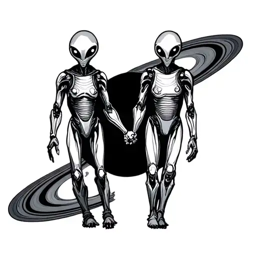 Two Aliens Holding Hands Walking On Saturn's Rings