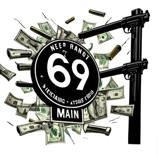 Street Sign With 69 And Main With Money Falling Out The Sky With Guns And Bullets Coming Out The Sky