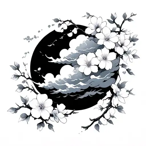 Circle Clouds And Sakura Flowers