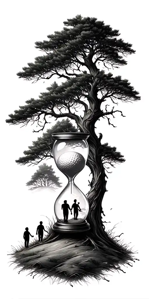 Pine Forest Wrap Around And Family Tree And Hour Glass Father With 3 Kids And Golf