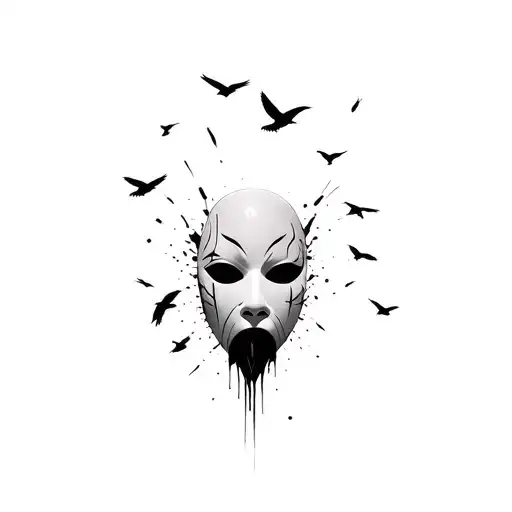 Face Of A Neutral Mask That Disintegrates With Crows That Fly Away