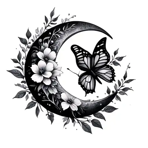 Crescent Moon With Flowers And A Butterfly
