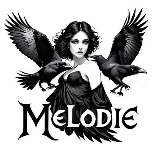 Name Melodie With Picture Of Woman And Ravens Flying