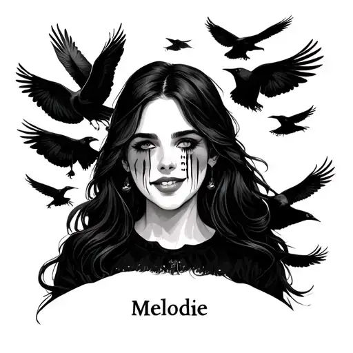 Name Melodie With Picture Of Faceless Smiling And Crying Woman And Ravens Flying