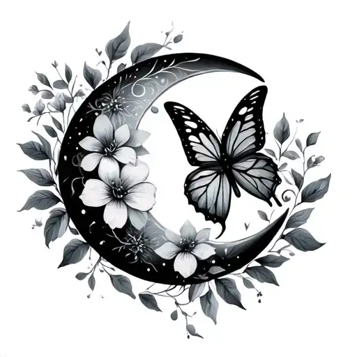 Crescent Moon With Flowers And A Butterfly