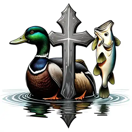 Three Crosses With A Mallard Duck And A Bass