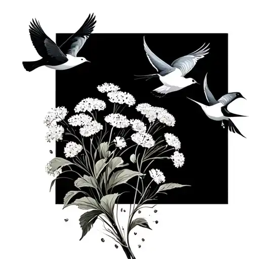 Baby's Breath Flowers With Six Birds Flying