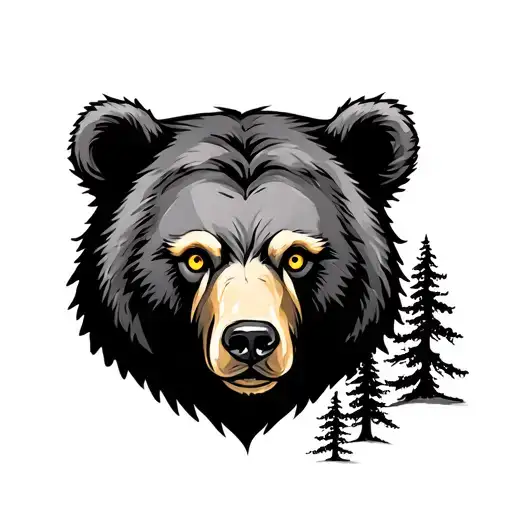 Bear Head With Gold Eyes And Trees