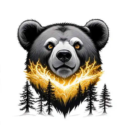Black And Grey Realism Bear Head With Gold Eyes And Trees Under It