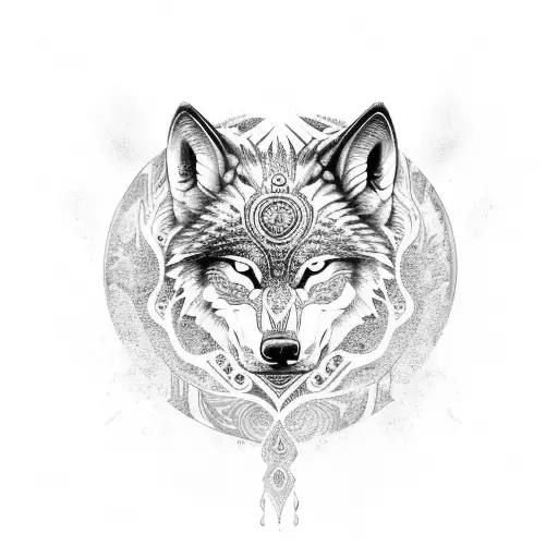 A Tribal-inspired Design Featuring A Howling Wolf Surrounded By Water Droplets
