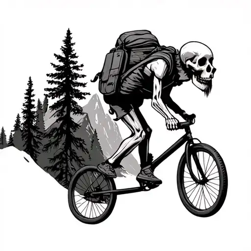 Bearded Skeleton On Unicycle Going Up Mountain With Dog In Backpack