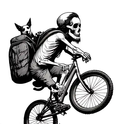 Bearded Skeleton On Unicycle Going Up Mountain With Dog In Backpack