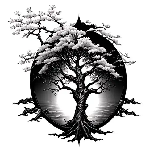 Norse And Japanese Arm Sleeve Tattoo Featuring Tree Of Life And Cherry Tree