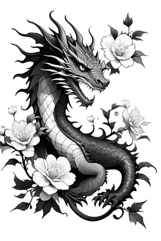 A Dragon Surrounded By Cherry Flowers