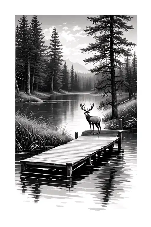 Dock Looking Over Pond With Deer On The Other Side