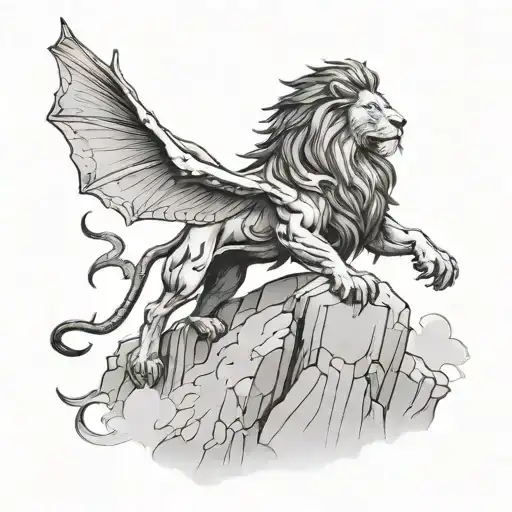 Lion On A Cliff With A Dragon Flying Over