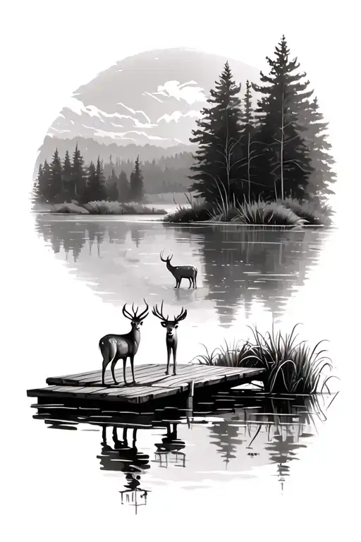 Dock Looking Over Pond With Deer Standing