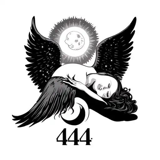 Simple Angel Sleeping With Sun And Moon On Either Side With The Number 444 Under The Angel