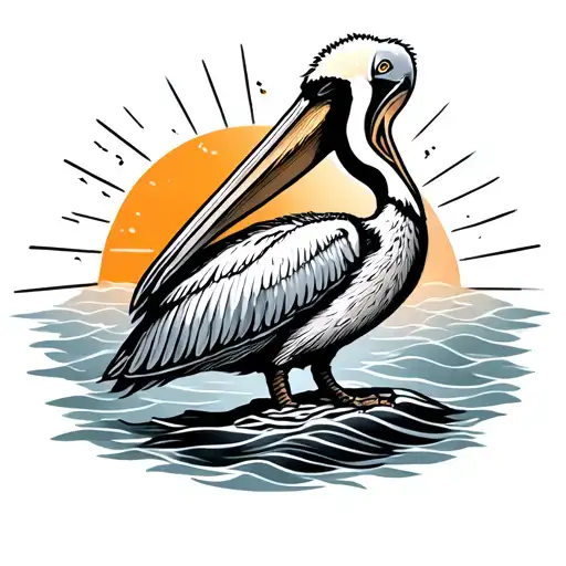 Pelican Standing With Clouds And Sunrays
