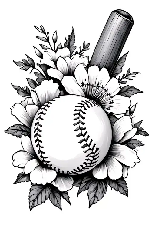 Softball And Flowers Surrounding