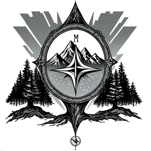 Tree With Letter M With Mountains And A Compass