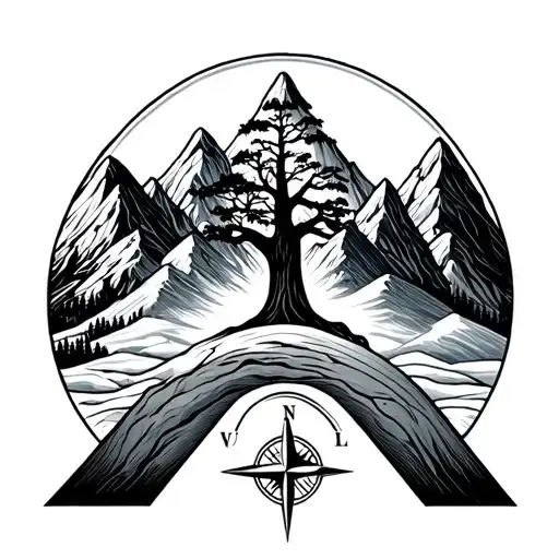 Tree With Letter M With Mountains And A Compass
