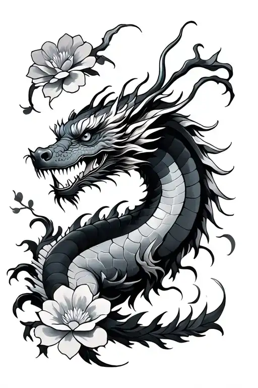 Japanese Dragon With Flowers