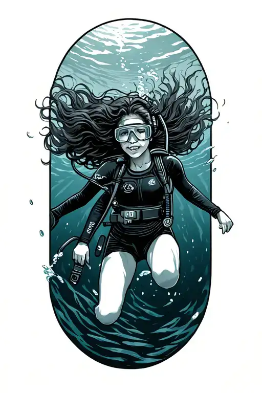 Female Scuba Diver Swimming Up And Away With Long Hair