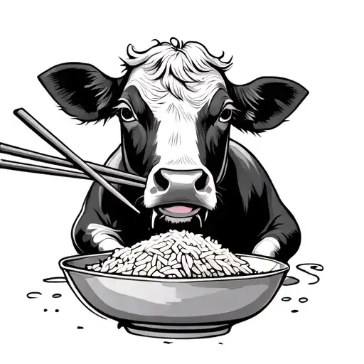 Cow Eating Rice With Chopsticks
