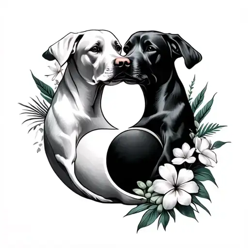 White Labrador Next To Black Labrador Curled Up In Yin And Yang With Tropical Flowers Behind Them