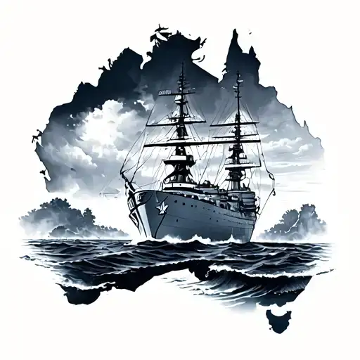 Navy Ship And Australia Landscape Tattoo Featuring