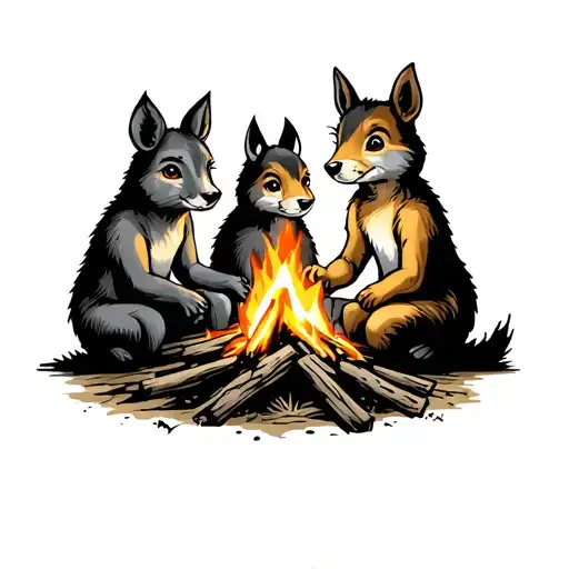 Kid Animal Friends Sitting Around A Campfire