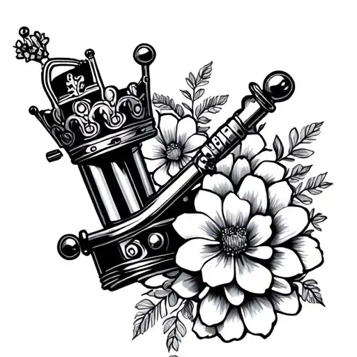 Tattoo Machine & Crown Surrounded By Bold Flowers