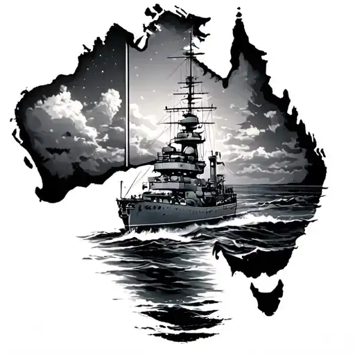 Navy Ship And Australia Gemini Landscape Tattoo Featuring