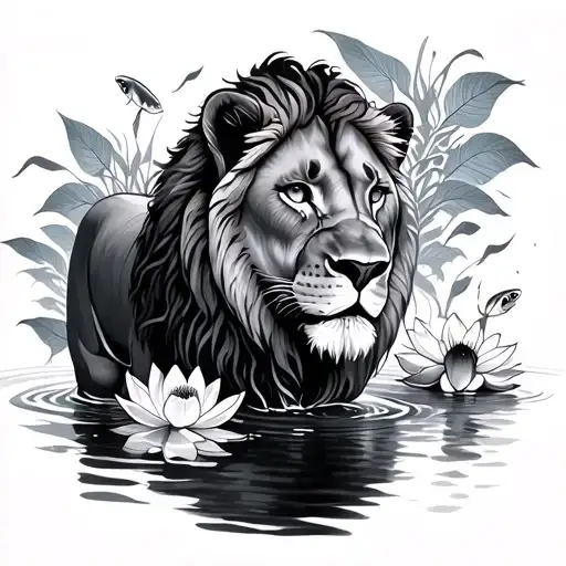 Lioness Walking In Water With Fish And Lotus Flowers